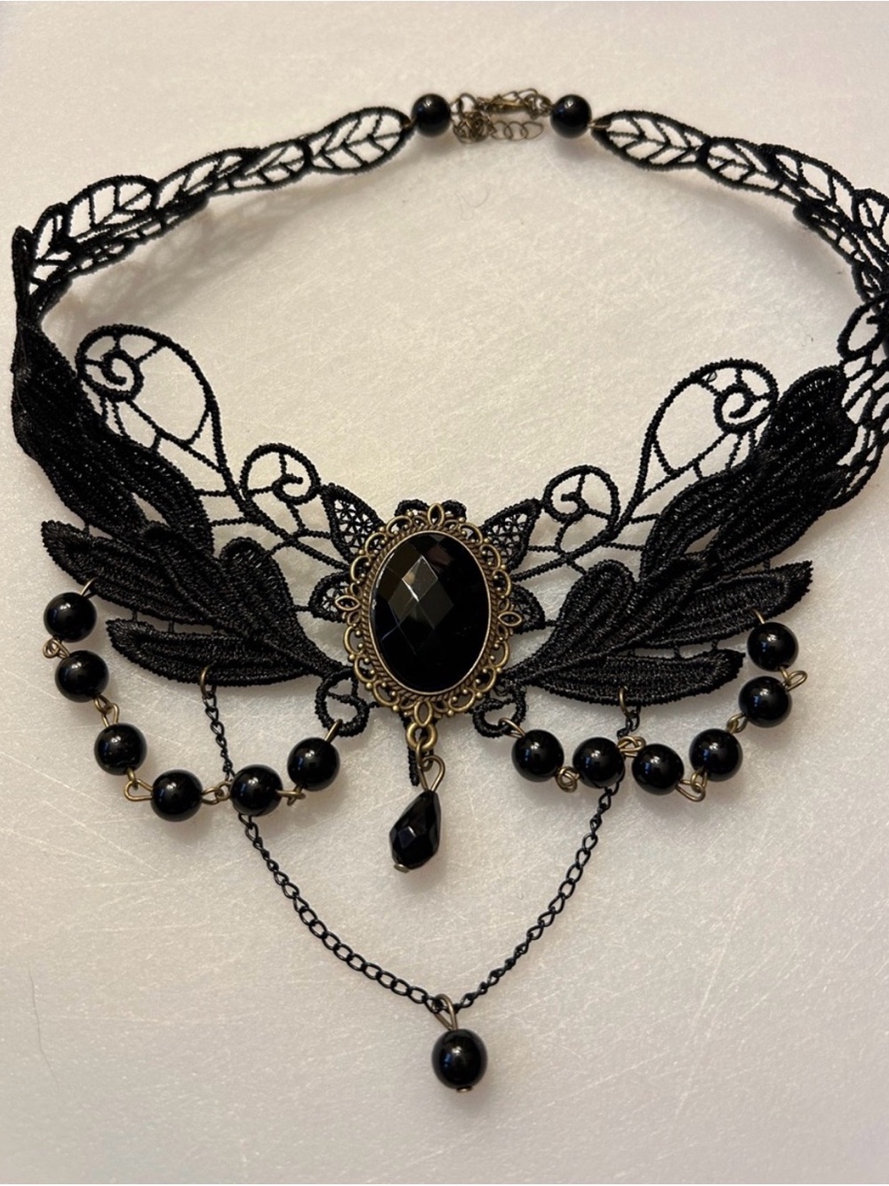 Black Lace Gothic Choker Necklace with Faceted Center